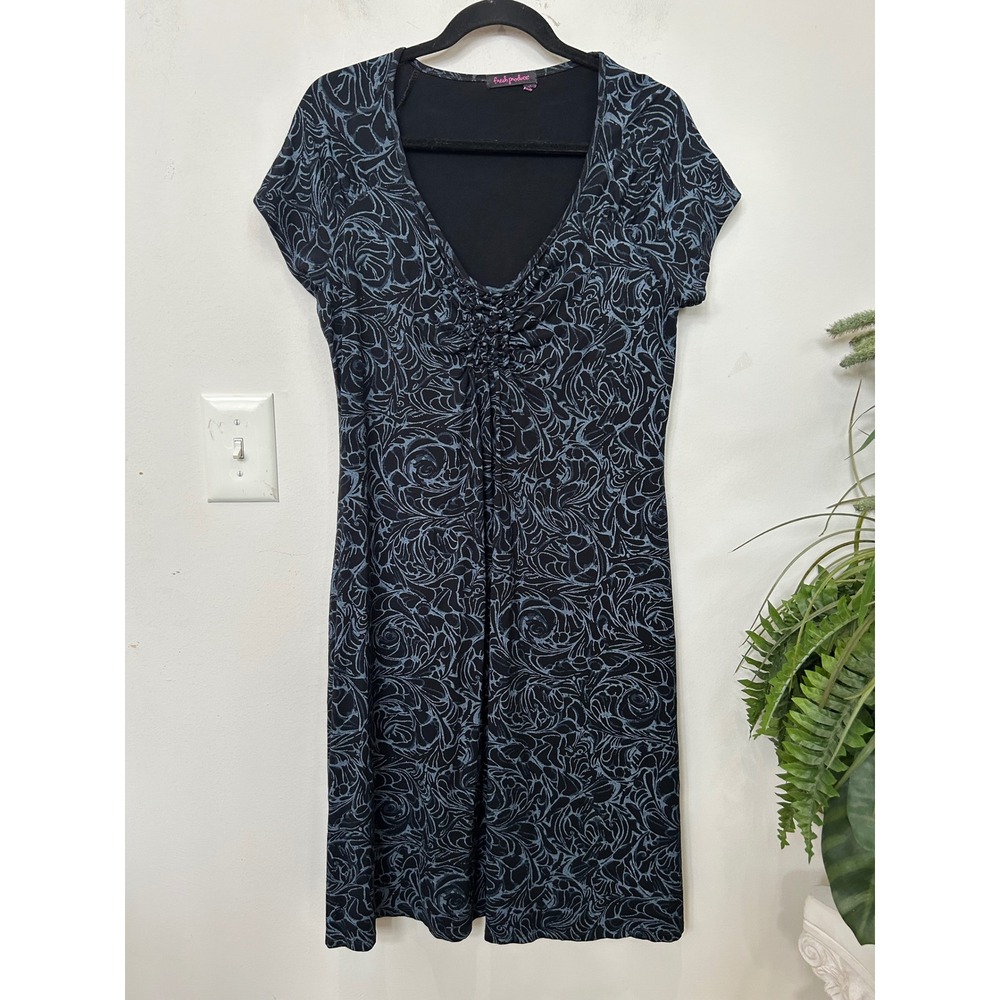 Fresh Produce Womens Blue Black Swirl Ruched V-Neck Jersey Dress Size L USA Made